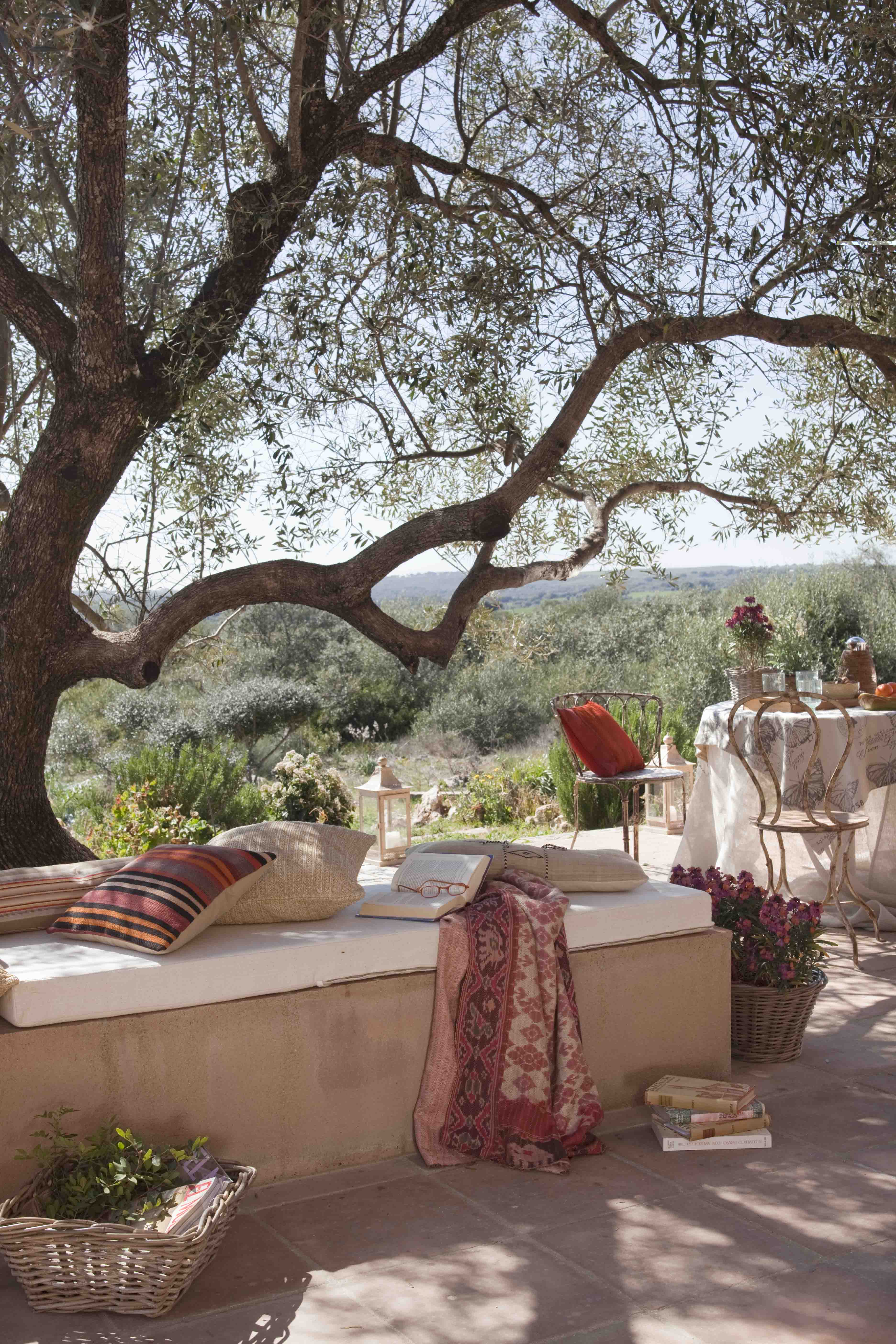 Terraza con banco corrido de mampostería tapizado en blanco, cojines de kilim y una manta de patchwork. Un olivo centenario de gran envergadura enmarca la escena con vistas al campo. En el entorno, faroles dorados, sillas y mesita con mantel floral y cestas con plantas.